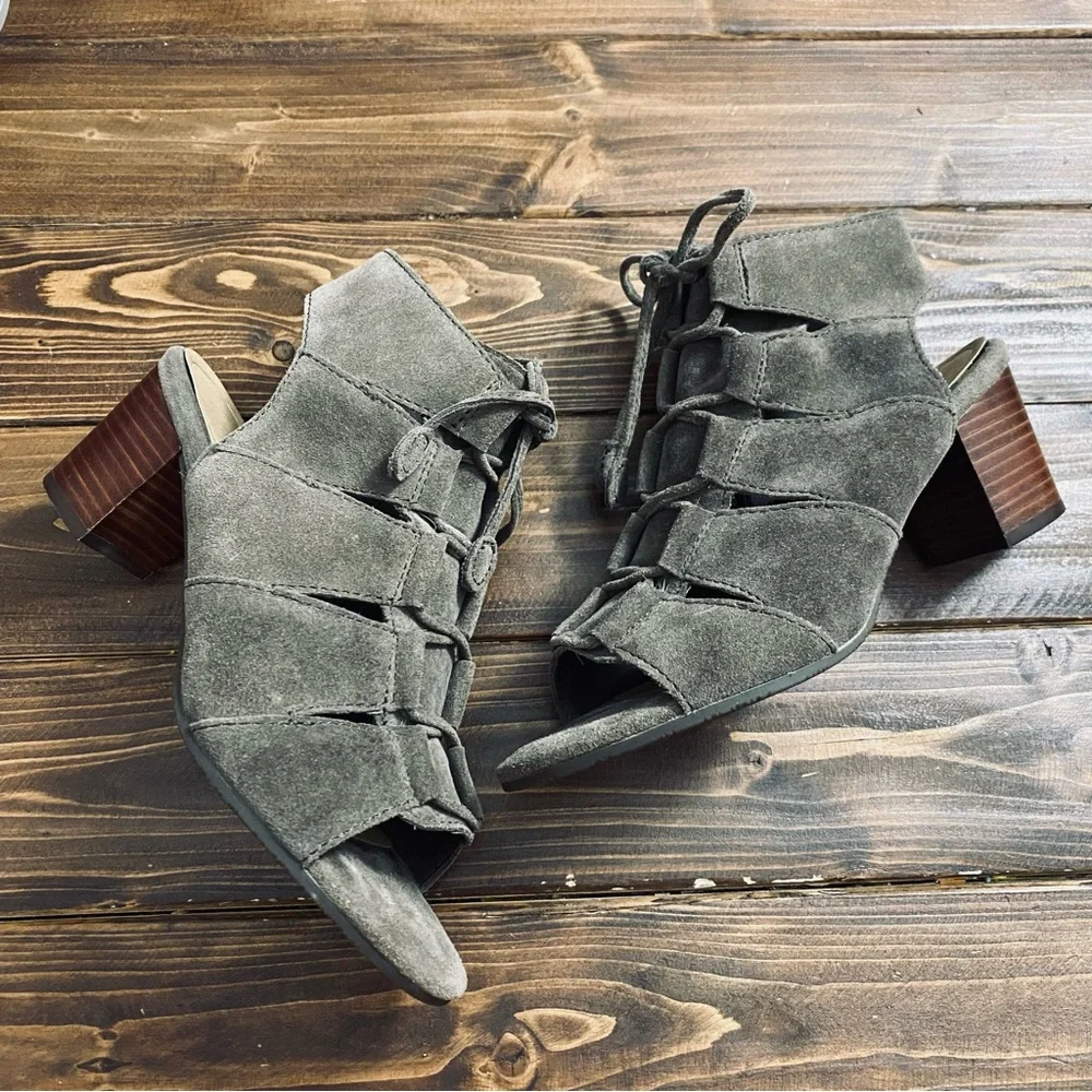 Vionic Bristol Suede Genuine Leather Lace-Up Dark Taupe Sandal Booties Size 6.5‎